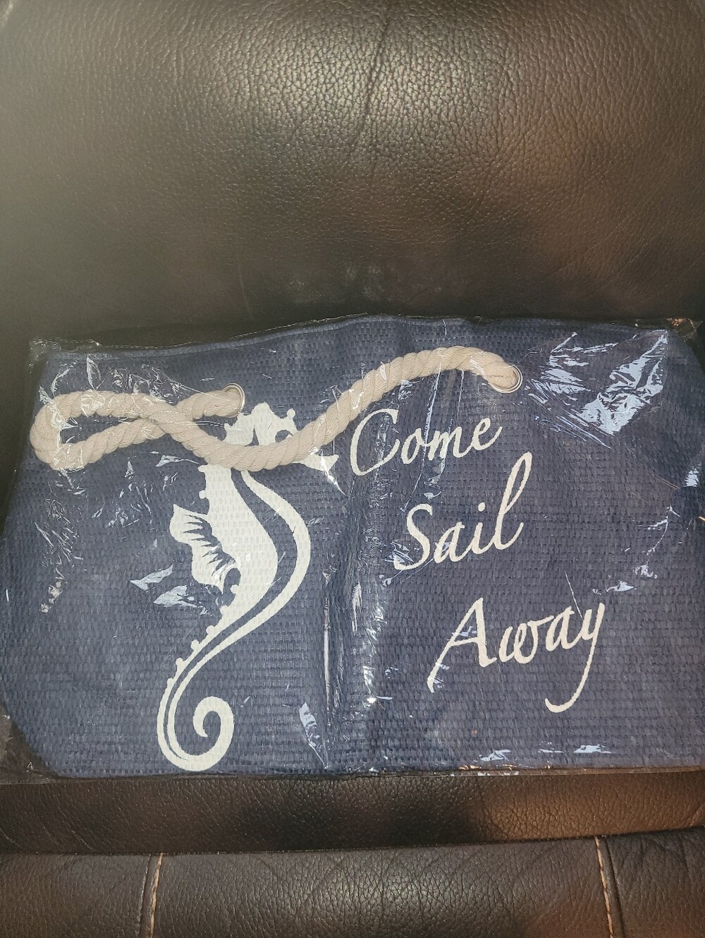 Navy Rope-Handle Tote Bag with Seahorse Graphic - Come Sail Away